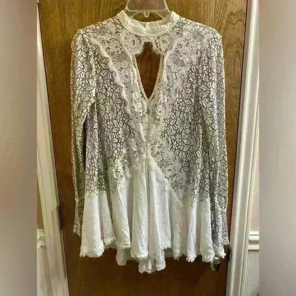 Free People Secret Origins Pieced Lace Choker Neck Tunic Dress White Size S - Picture 3 of 15